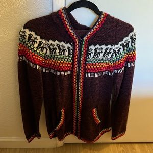 Peruvian handmade hoodie, burgundy and black base colors, small.